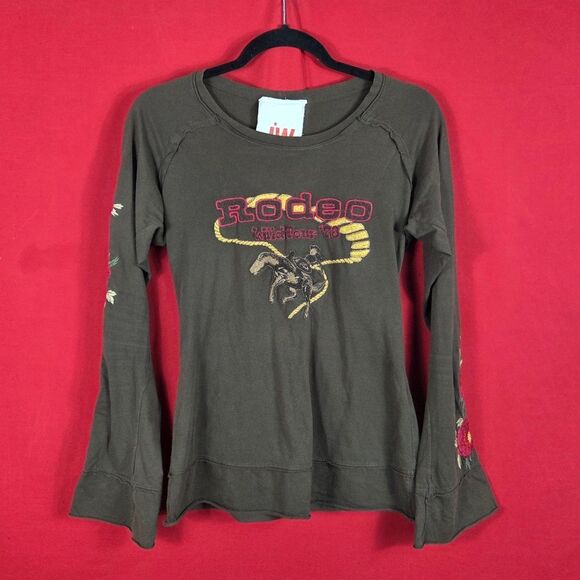 Johnny WAS Y2K Rodeo Embroidered Bell Sleeve Top Brown Womens Size Small Western - Picture 1 of 9